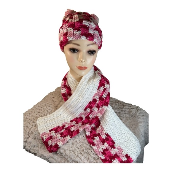 Handmade  Crochet Hat & Scarf Set Cozy & Stylish. Brand new white, pink and red - Picture 1 of 10